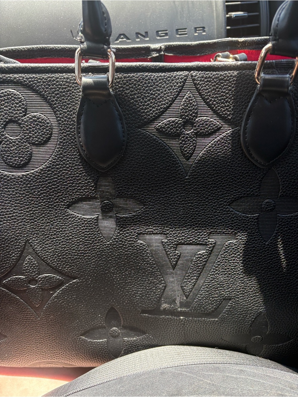 Louis Vuitton Black Embossed Monogram Tote with Red Interior